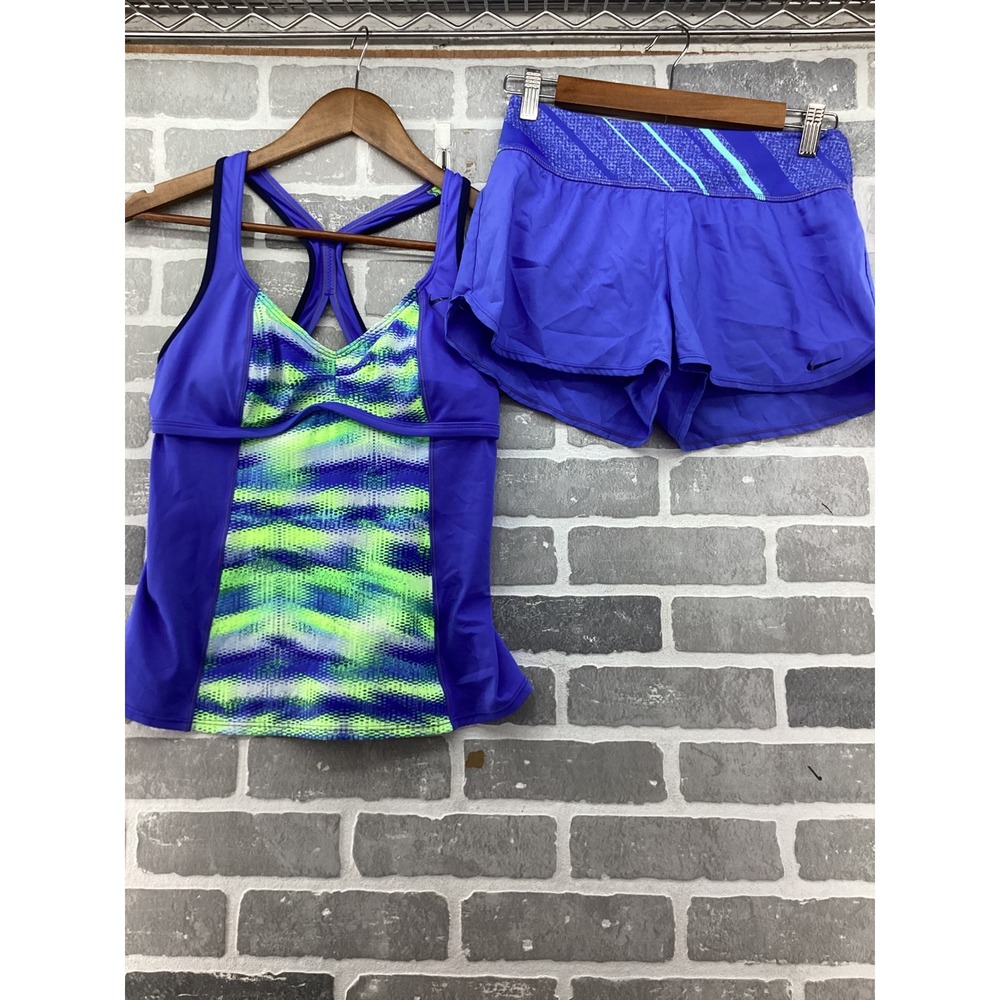 Nike Women Purple Lime Green Racerback Tankini Top and Swim Shorts Set M/S